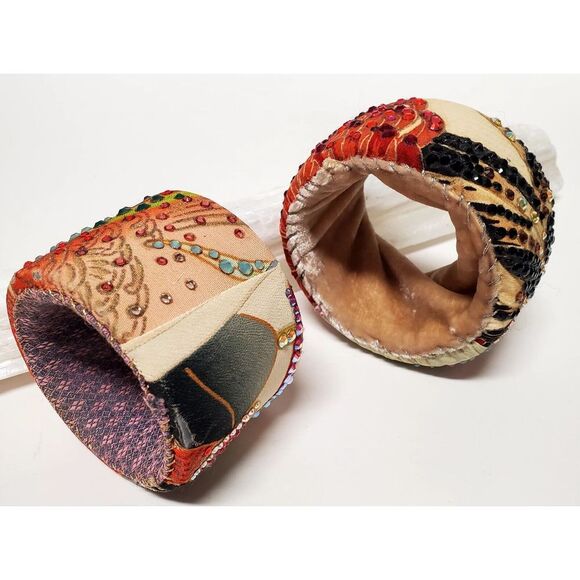 Lucy Notions 2 Wide Handmade VTG Silk Velvet Rhinestone Cuff Bracelets USA Boho - Picture 3 of 10